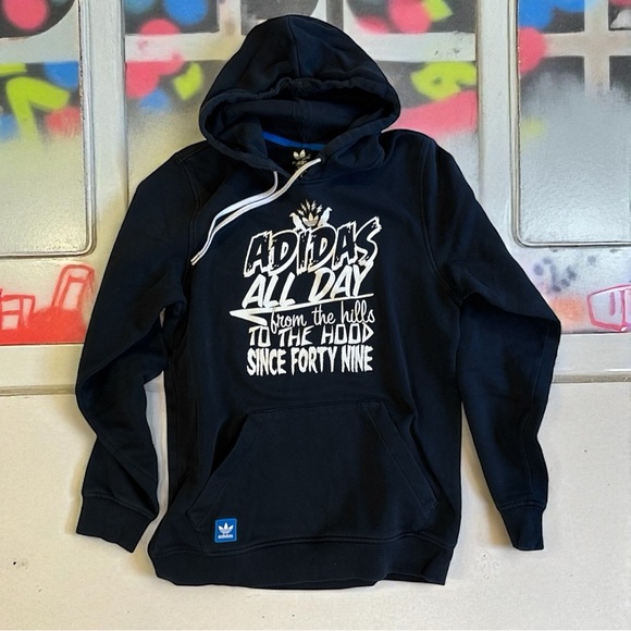 Adidas Originals Black Graphic Hoodie “All Day” Pullover Size S - Picture 1 of 8